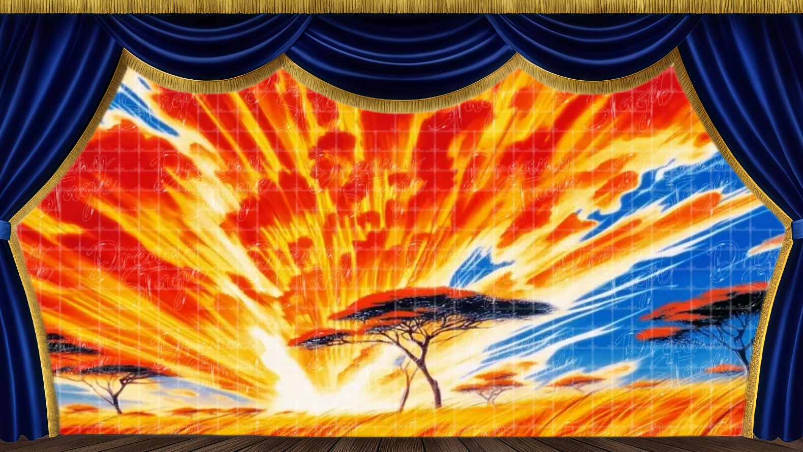 Bursting sunrise backdrop with dramatic rays and bright orange-yellow sky over African grasslands. Perfect for high-energy opening scenes.