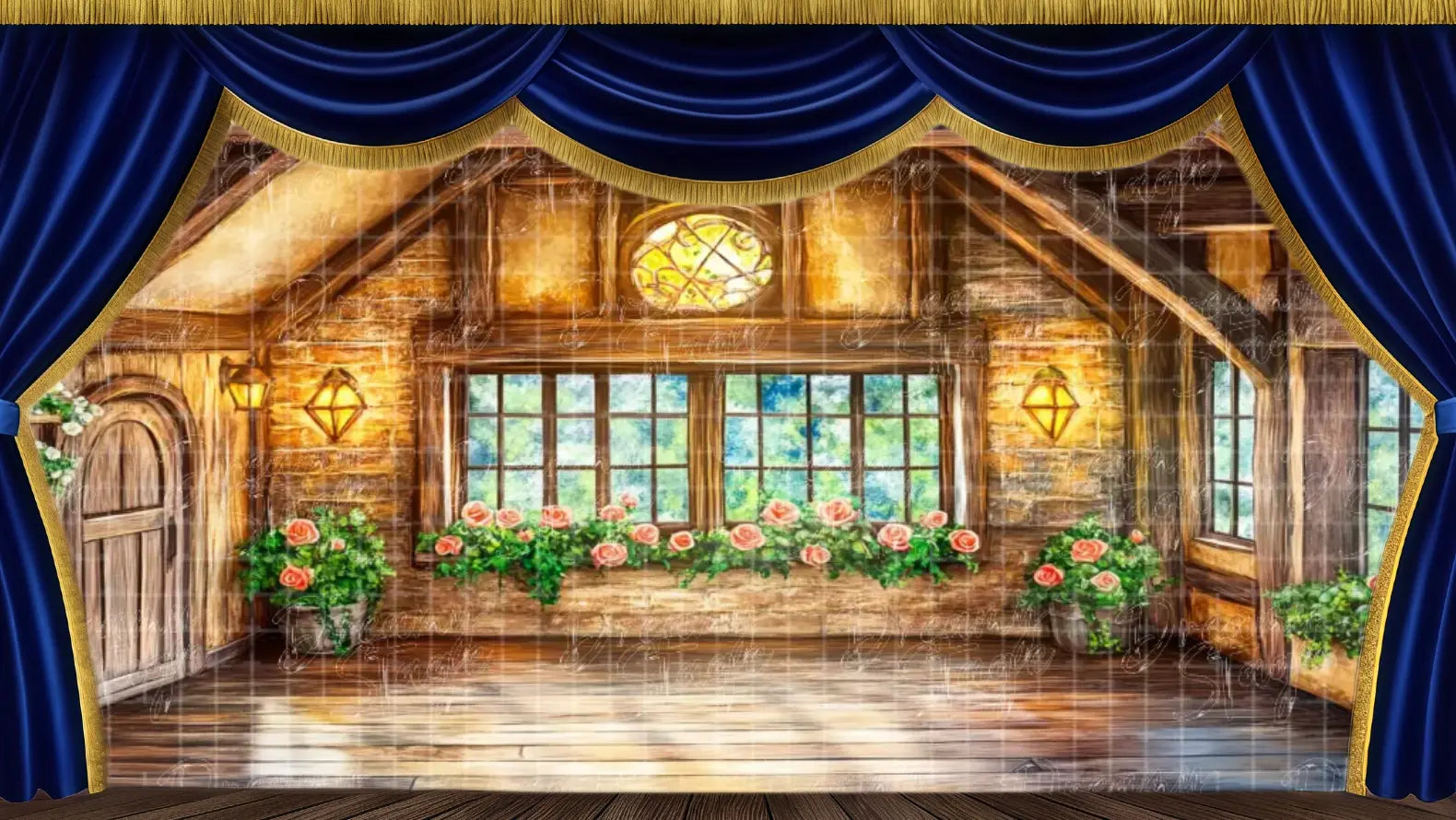 Warm cottage attic interior with wooden beams, flower-filled windows, and soft lighting, designed for The Snow Queen ballet scenes and fairytale theater backdrops