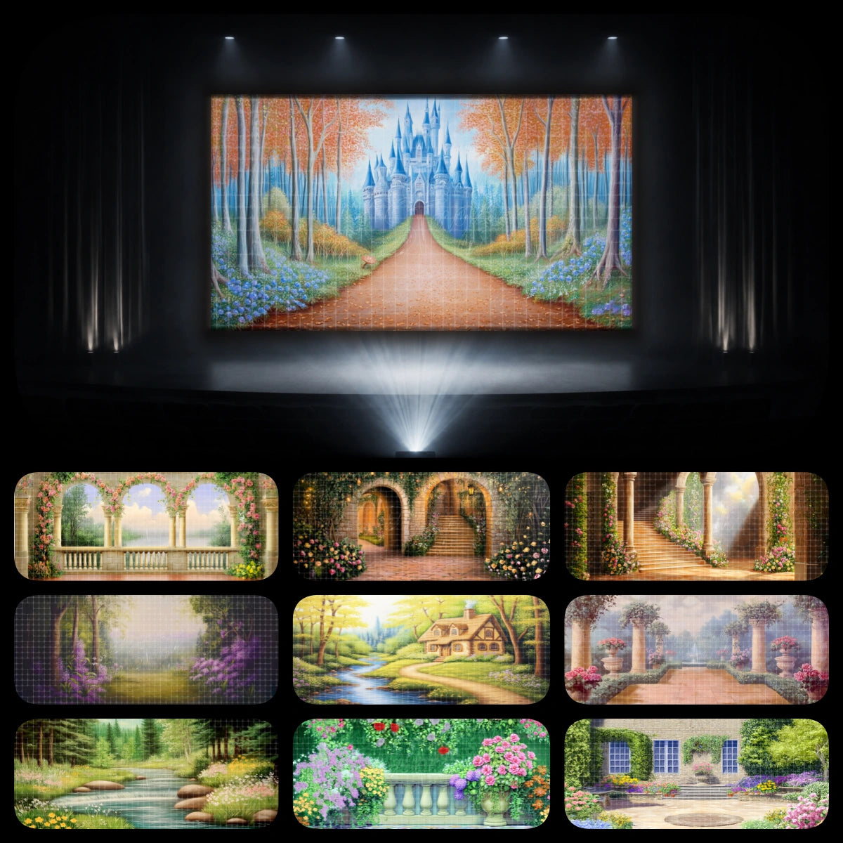 Fairytale castle garden dance recital bundle with castle path, rose terrace, garden courtyard, flower balcony, forest stream, cottage landscape, and romantic spring scenery for ballet recitals and princess-themed stage performances.