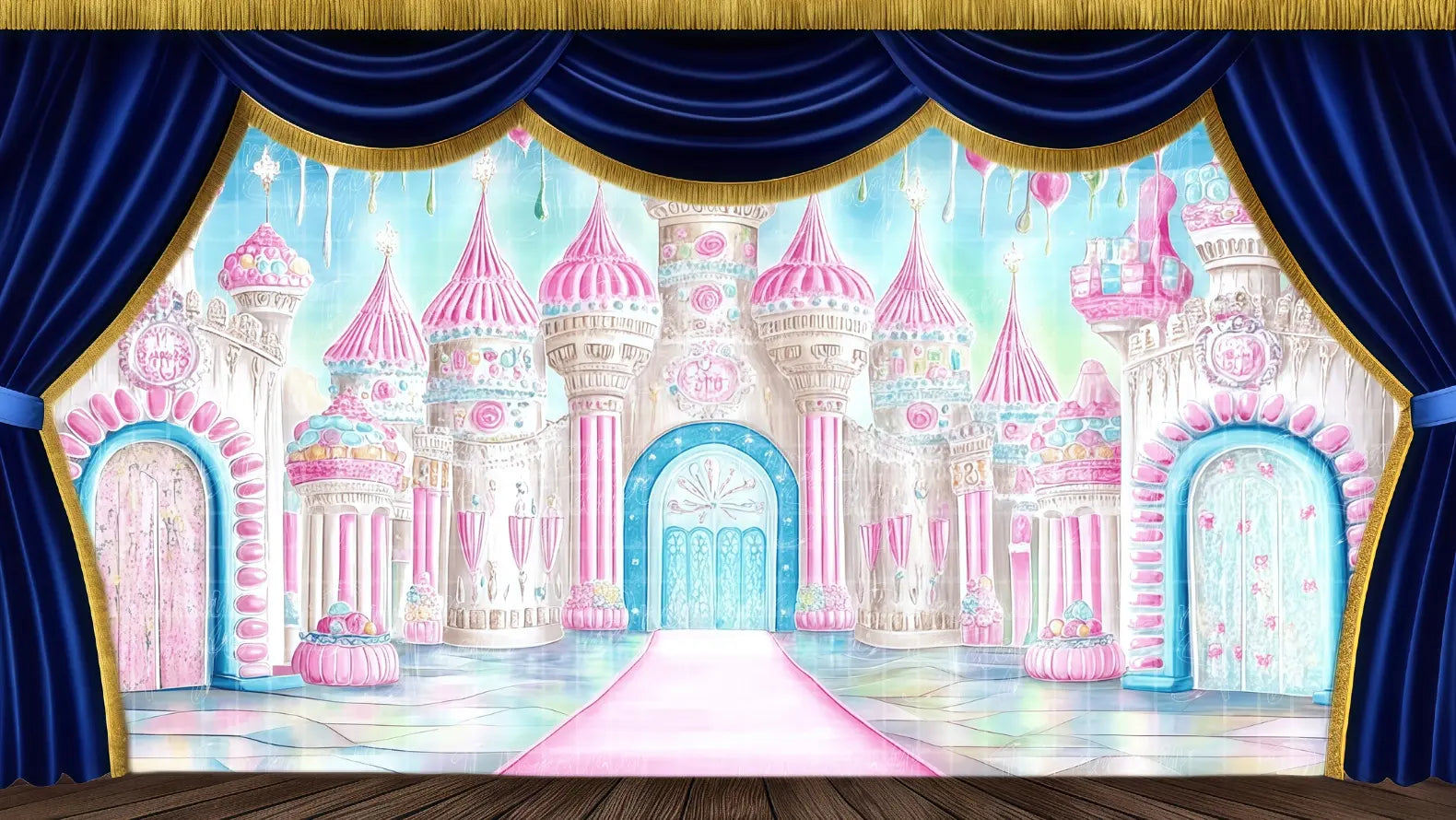 Pink Candy Palace Grand Entrance theatrical backdrop featuring pink and blue pillars, a pink carpet, and sweet treats decor. Ideal stage scenery for The Nutcracker's Land of Sweets and fantasy stage plays. Available in Microfiber, Outdoor Linen, and Theatre-Certified Fabric.
