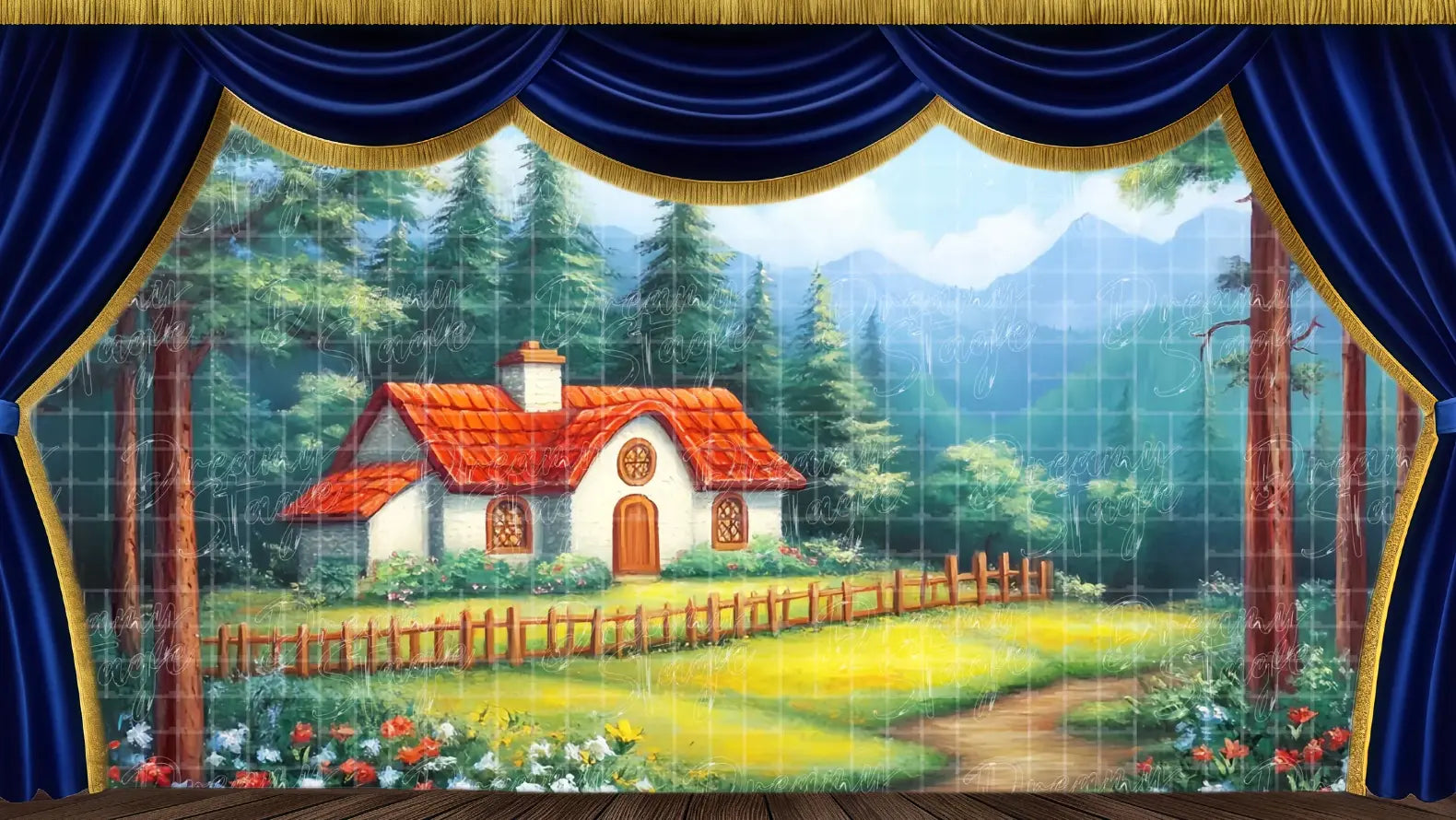 A cozy red-roofed cottage nestled in a lush forest with pine trees and wildflowers. This charming scene is ideal for fairytales or enchanted woodlands on stage.