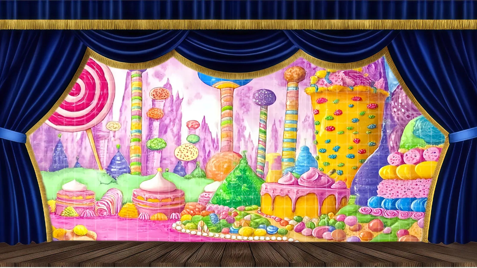Bright candy wonderland stage backdrop with oversized sweets and colorful scenery. Perfect theatrical backdrop for children’s musicals and school theatre productions.