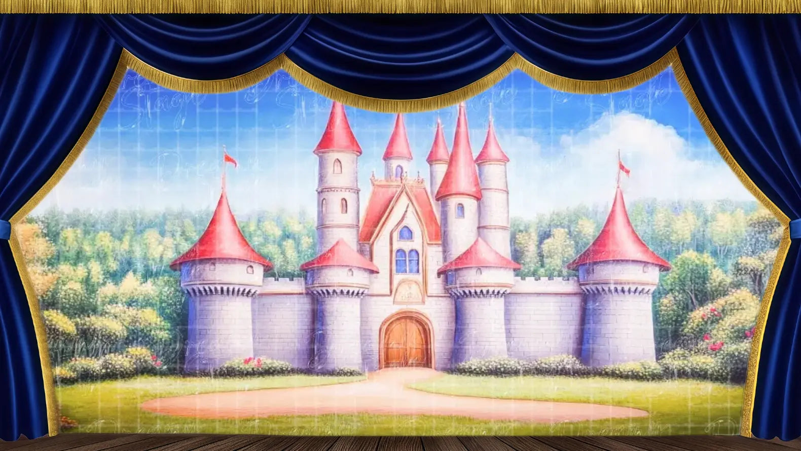 Front-facing view of a royal fantasy castle with red-roofed towers and a grand wooden gate, surrounded by greenery – perfect for fairytale entrance scenes in ballet or theater