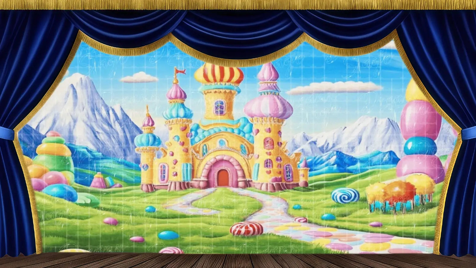 Candy Land Palace Exterior performance backdrop featuring a castle made of candy, lollipop trees, and white mountains. Ideal stage scenery for The Nutcracker's Land of Sweets and holiday dance recitals. Available in Microfiber, Outdoor Linen, and Theatre-Certified Fabric.