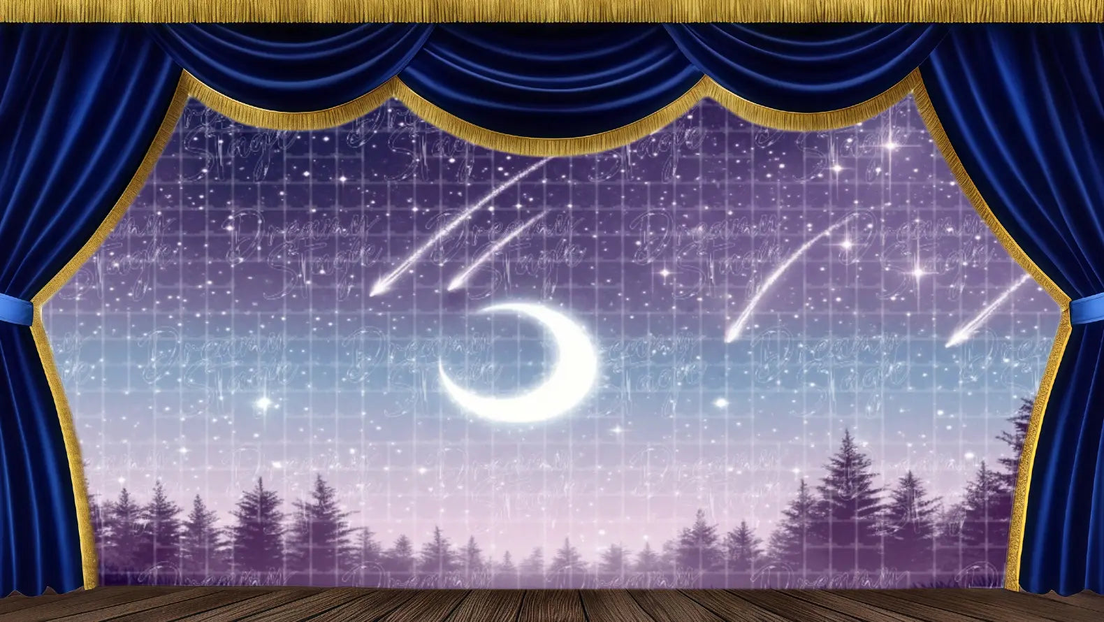 Shooting Stars Moonlight Forest performance backdrop featuring a large crescent moon, dramatic purple sky, and snow-covered pine trees. Ideal theatrical backdrops for The Nutcracker 'growing scene,' winter musicals, and fantasy productions. Available in Microfiber, Outdoor Linen, and Theatre-Certified Fabric.