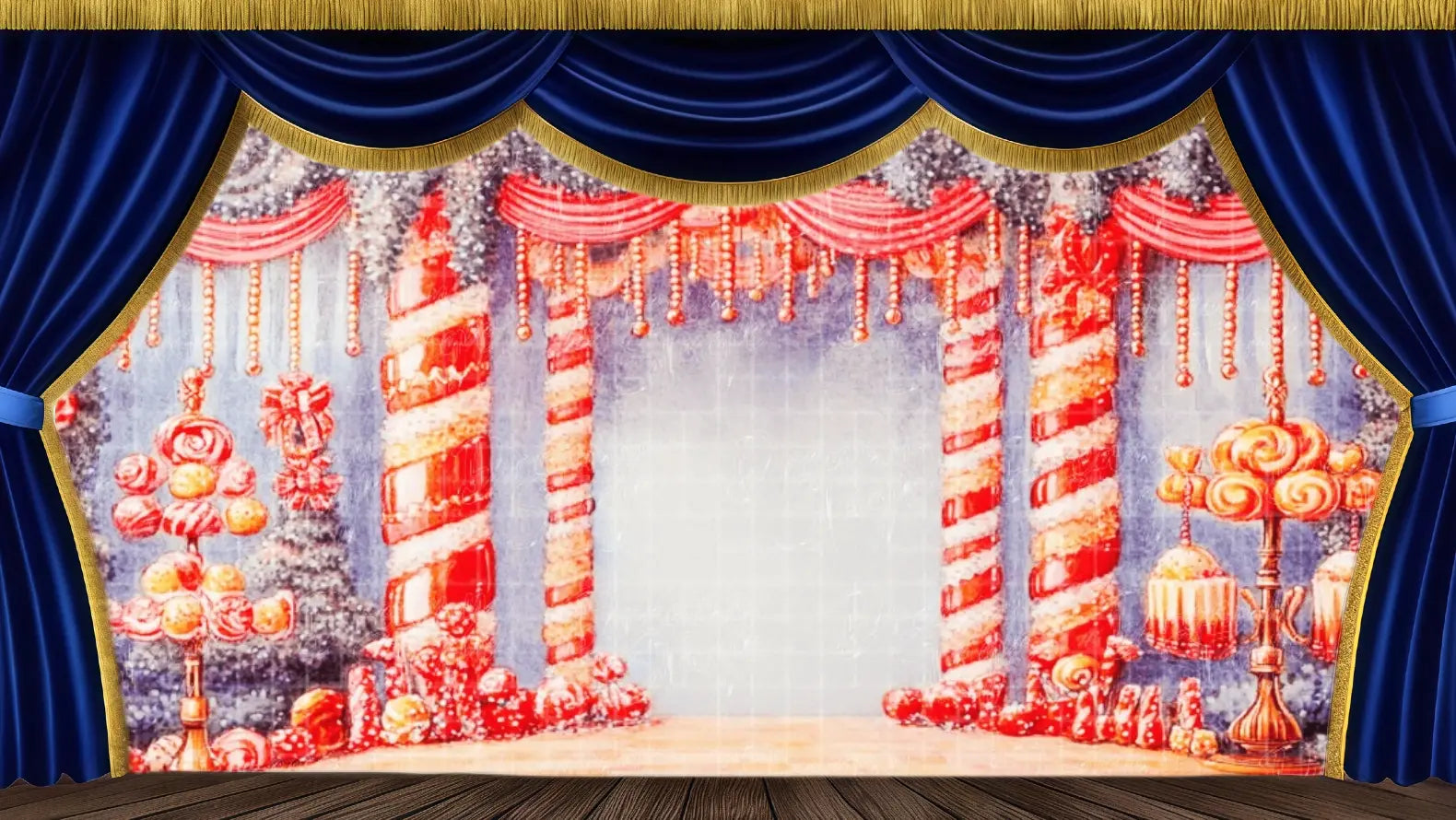 Vintage Candy Land Entrance theatrical backdrop with candy cane columns, lollipop decor, and red velvet curtains. Ideal stage scenery for The Nutcracker Act II, holiday events, and children's parties. Available in Microfiber, Outdoor Linen, and Theatre-Certified Fabric.