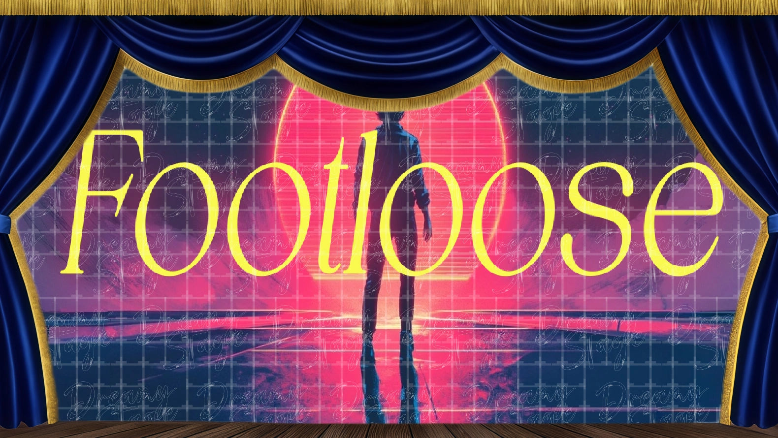 Colorful Footloose musical logo backdrop with neon tones and music notes, ideal for stage openings and dance performances. Digital stage backdrop for HD projection, virtual scenery, and theatrical use.