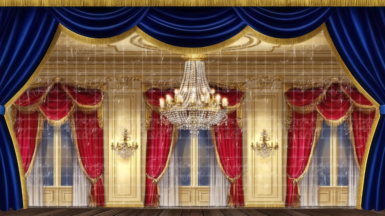 Formal palace hall stage backdrop for theatrical productions, musical theatre, and elegant stage interiors.
