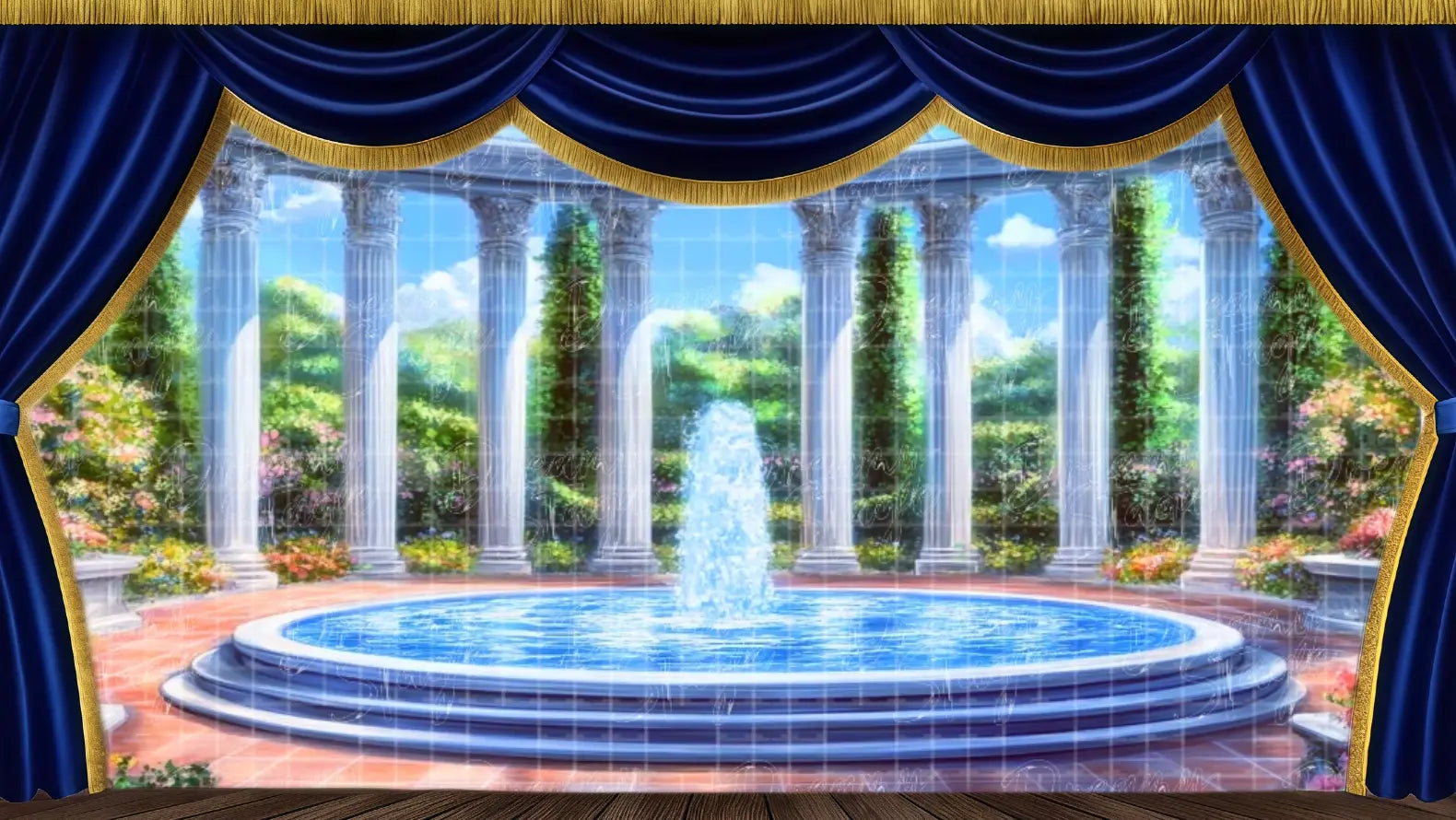 European fountain courtyard stage backdrop for theatrical productions, musical theatre, and outdoor stage scenes.