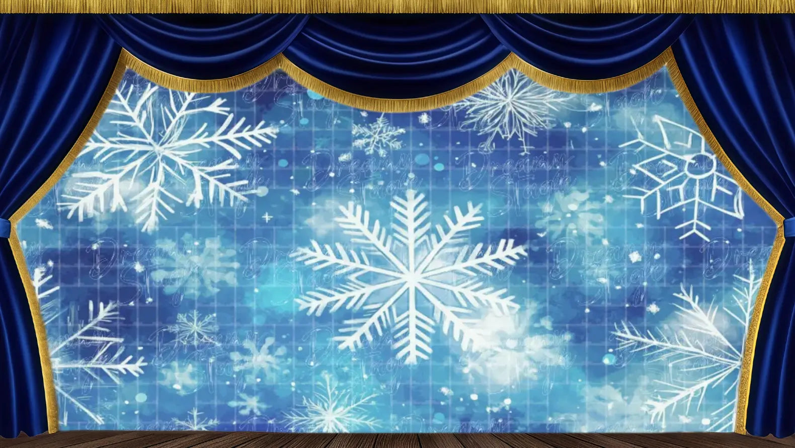 Abstract blue and white watercolor backdrop featuring large, artistic snowflakes, ideal for Frozen ice magic and winter sky transition scenes.