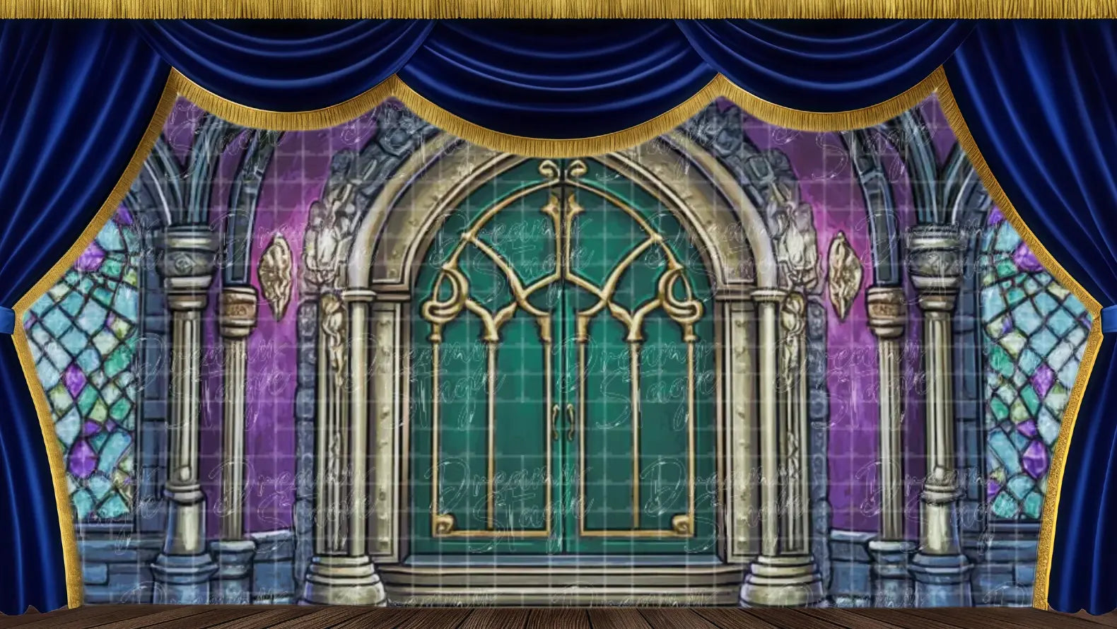 Gothic castle interior backdrop featuring large green double doors, purple walls, grey stone columns, and stained glass windows for Frozen Arendelle Castle entrance.