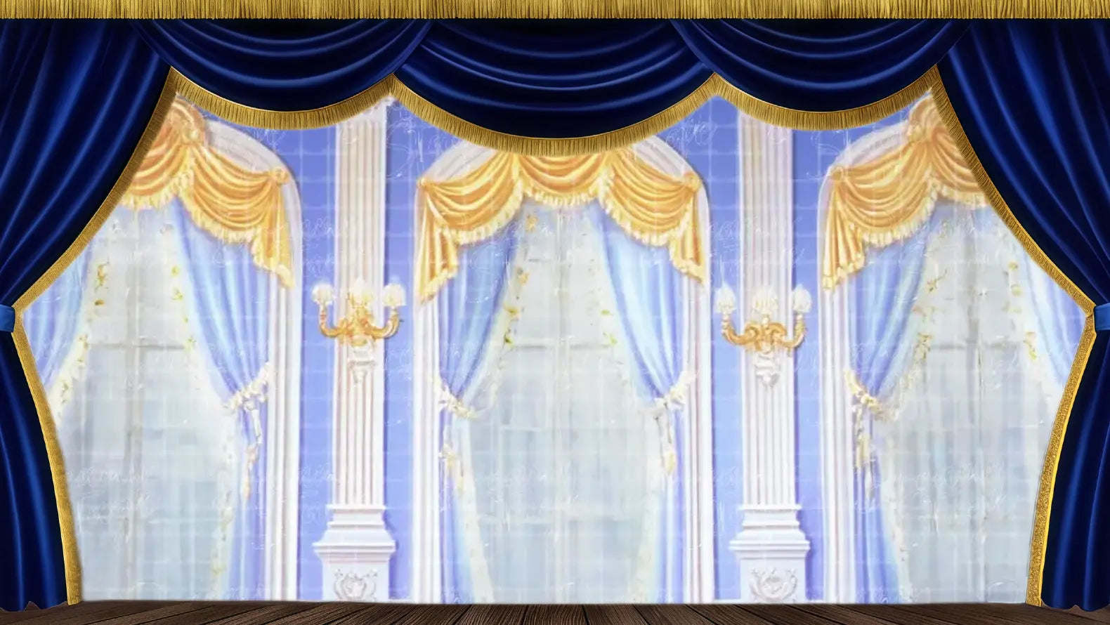 Grand Arendelle castle ballroom backdrop featuring blue walls, white columns, gold curtains, and three tall windows for Frozen Coronation or dance scenes.