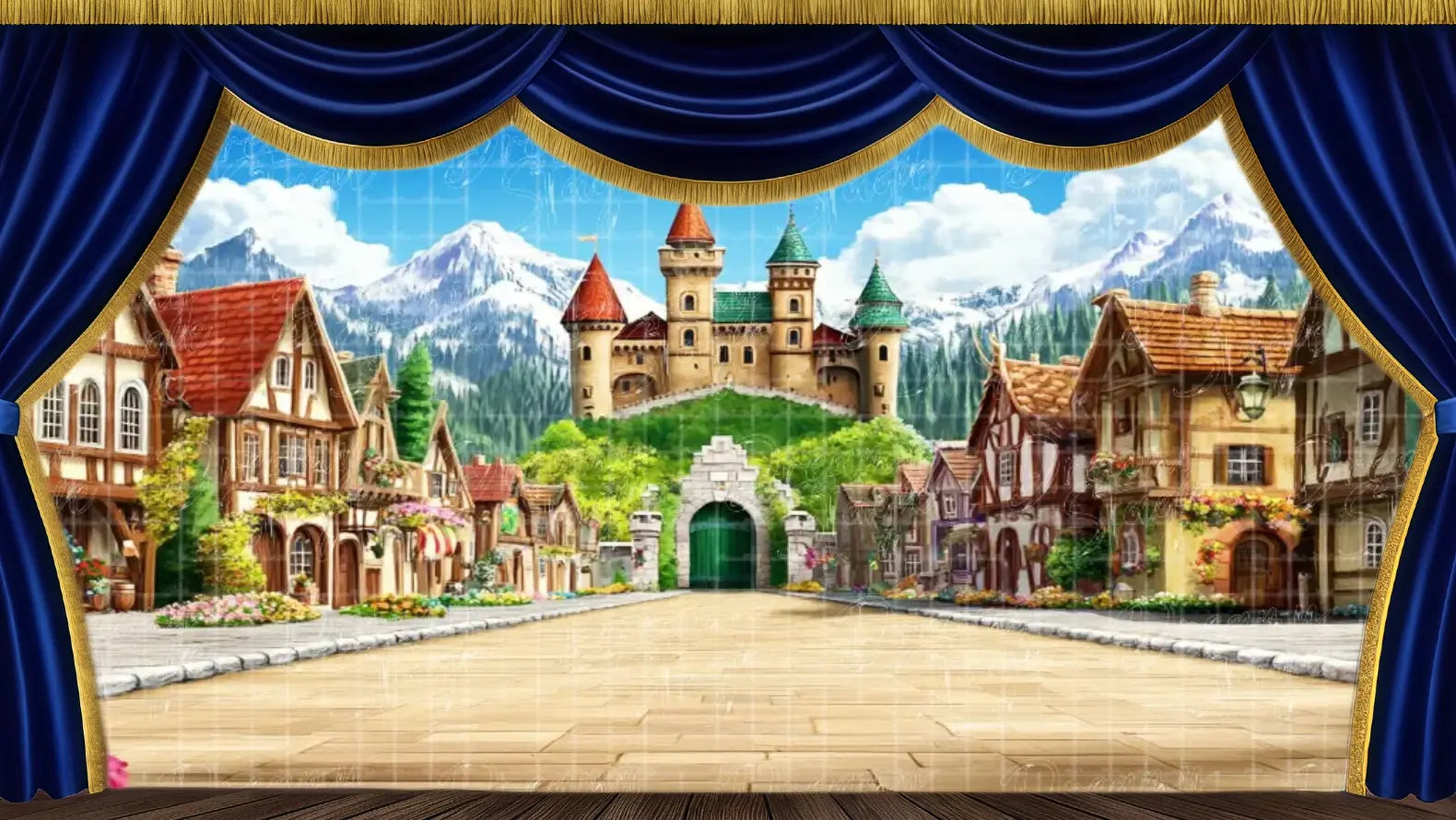 Bright, sunny Arendelle village town square backdrop with fairytale timber-framed houses, castle on a hill, and snow-capped mountains for Frozen musical.