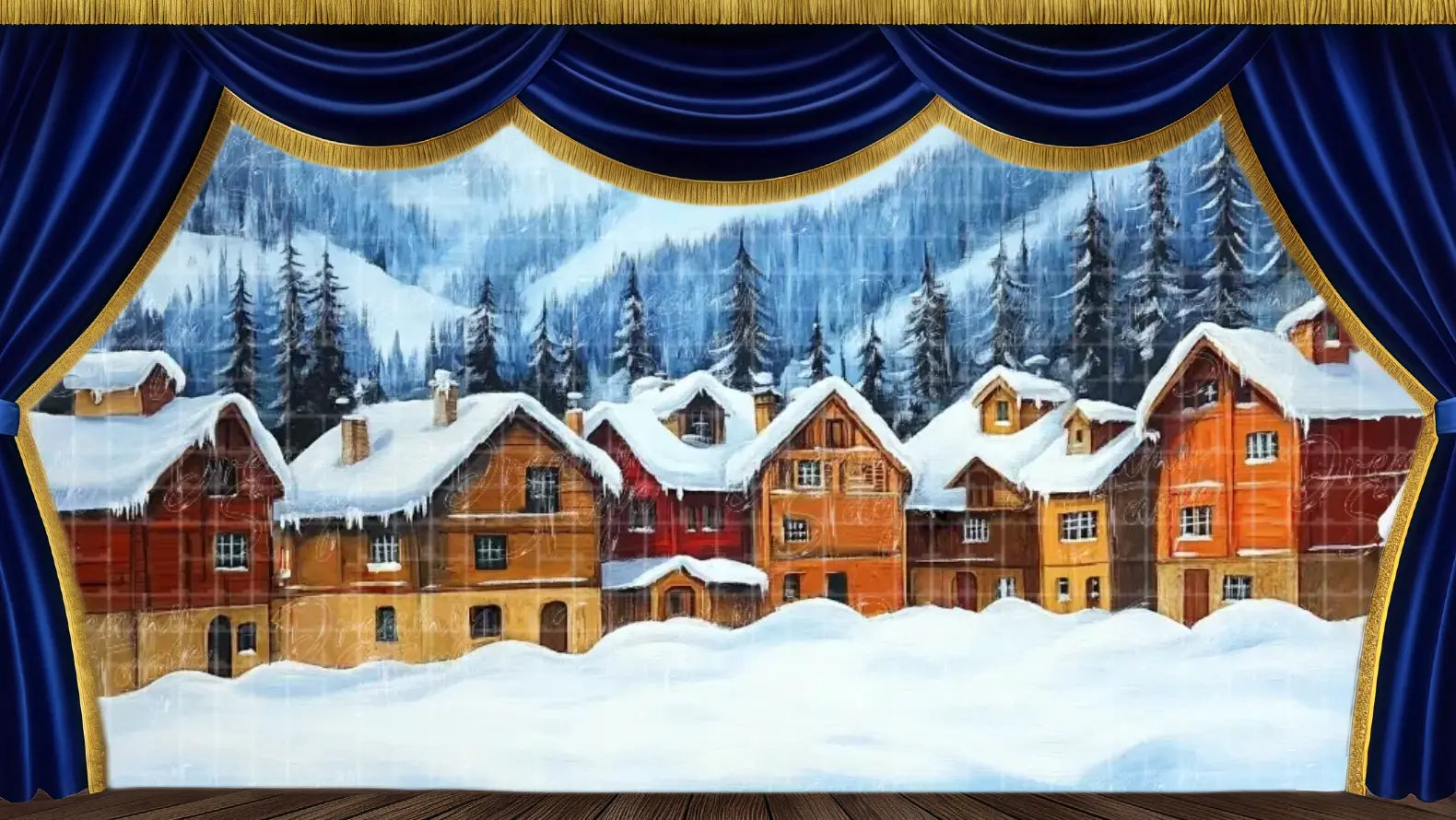 Snow-covered alpine village backdrop featuring colorful timber-framed houses nestled against snowy mountains and dark pine trees for Frozen musical winter scenes.