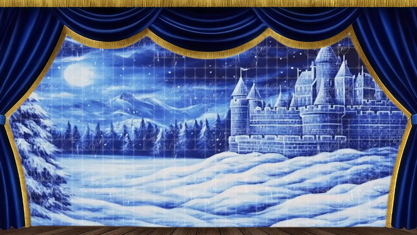 Large frozen castle under the moonlight, surrounded by snowy hills and pine trees – a perfect backdrop for winter fairytales, ballets, and final act climaxes.