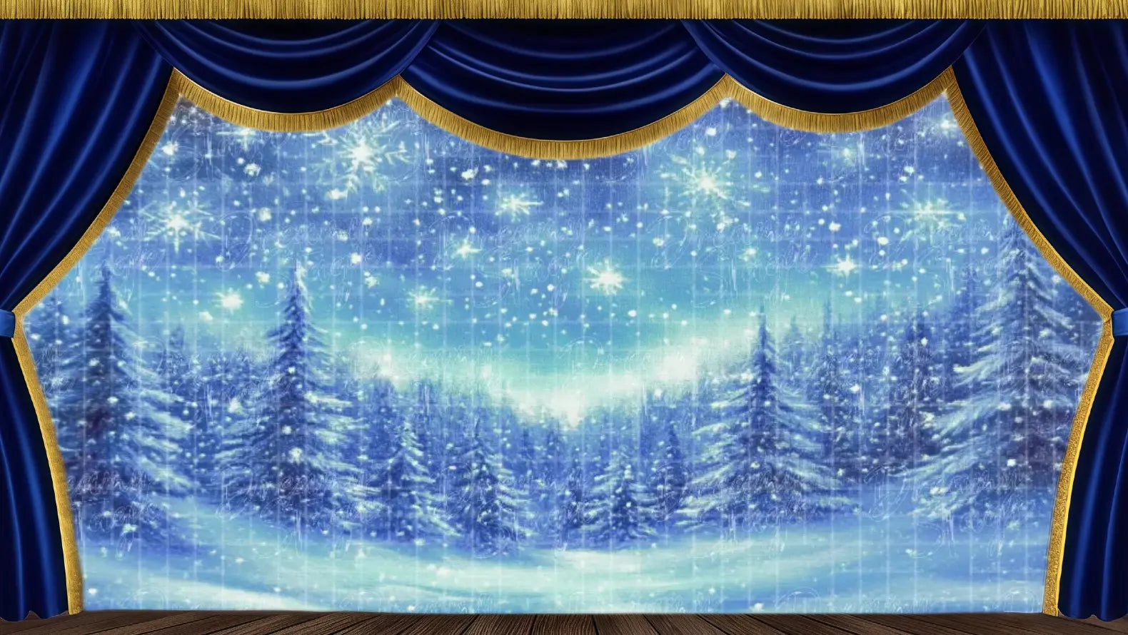 Magical blue winter forest backdrop with heavy falling snow, starry sky, and pine trees, perfect for Frozen travel scenes or fantasy winter shows.