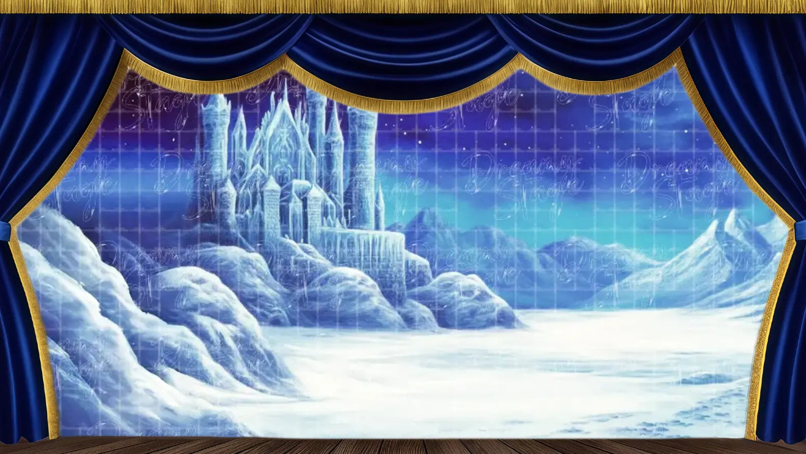 Majestic ice palace castle backdrop set on snowy mountains under a blue star-filled night sky for Frozen Let It Go scene and winter themes.