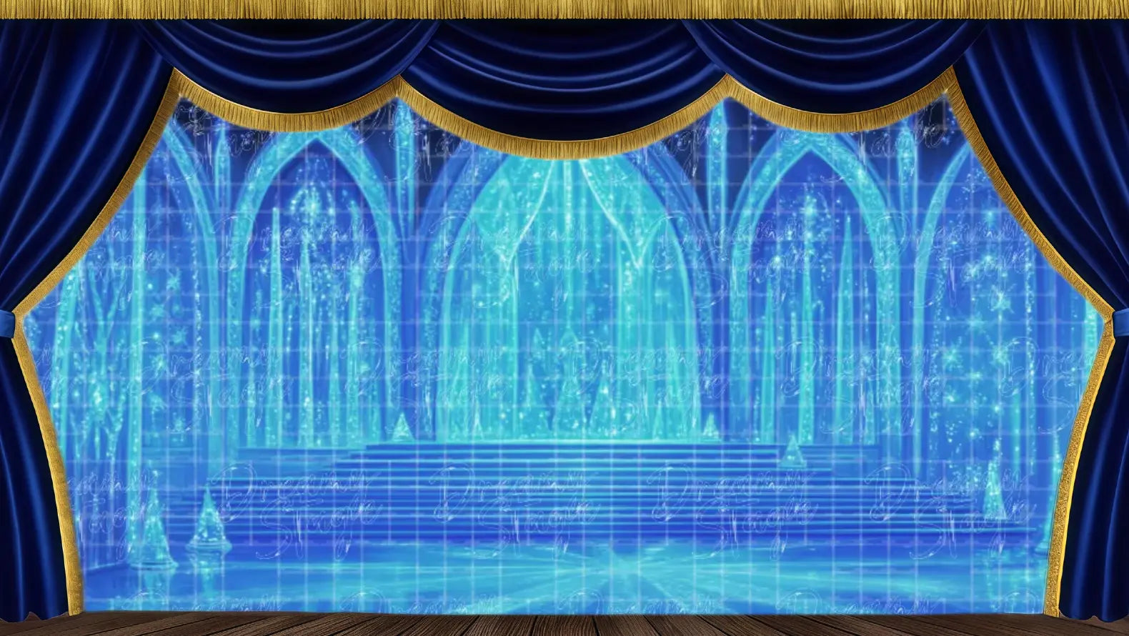 Sparkling blue and white ice palace interior backdrop featuring crystal arches, shimmering columns, and grand steps for Frozen musical's Elsa's palace scenes.