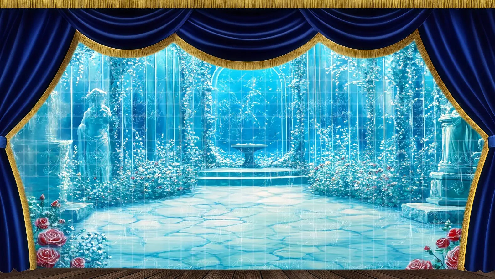 An enchanted garden cloaked in icy blue tones, filled with glowing roses and weathered statues. A hauntingly beautiful setting for cursed spells or fading memories.