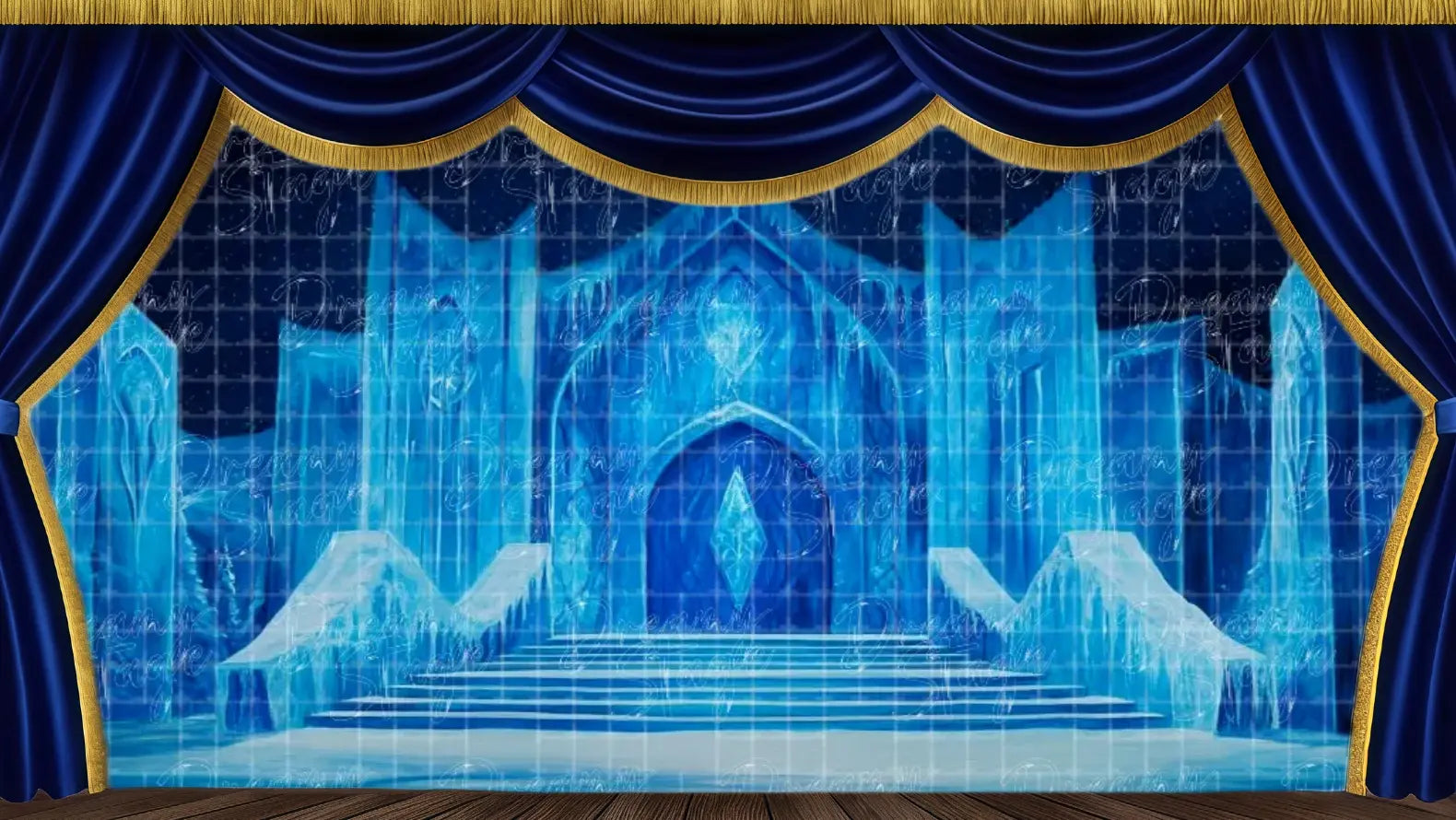 A breathtaking icy palace interior with tall sculpted frozen walls, crystal arches, and a wide staircase leading to a glowing frost-covered gate. Perfect for final scenes in winter fairytales or ballets.