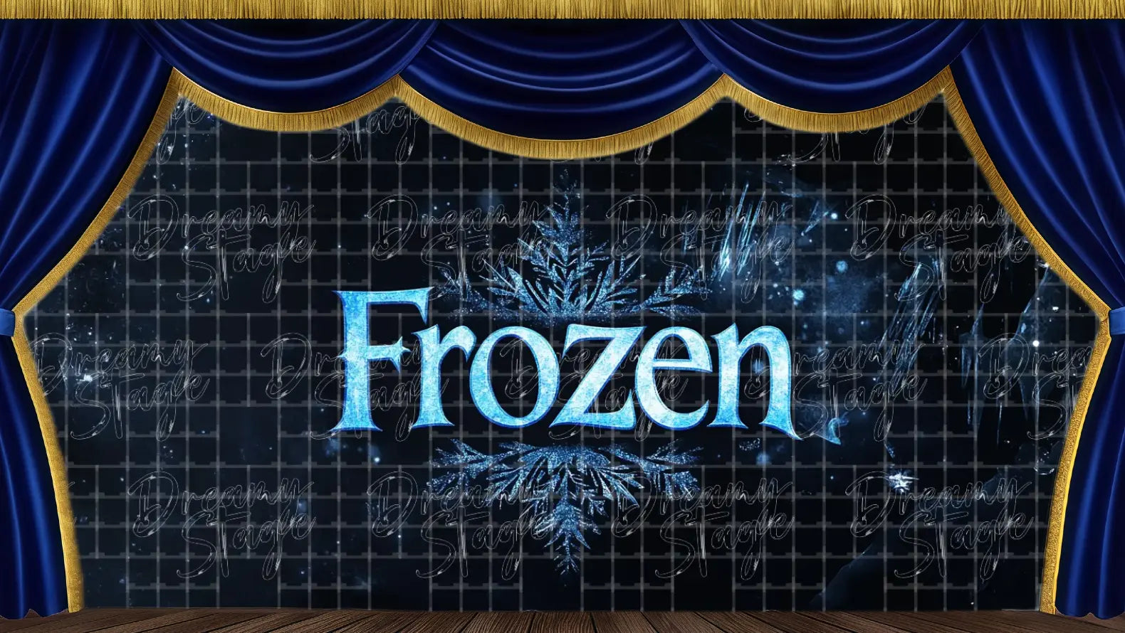 Dark blue and black frozen backdrop featuring the official title logo with ice crystals and snow effects, perfect for Frozen musical or winter dance shows.