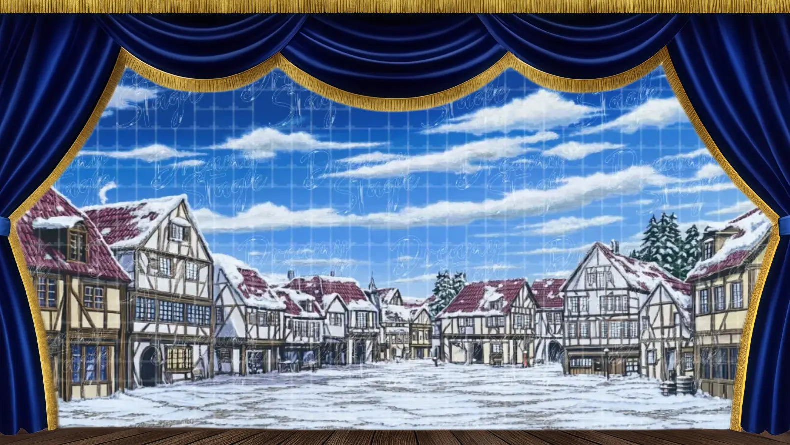 Illustrated snowy village with timber-framed houses and a blue winter sky, perfect for Frozen stage settings or scenes from The Snow Queen ballet and children’s plays