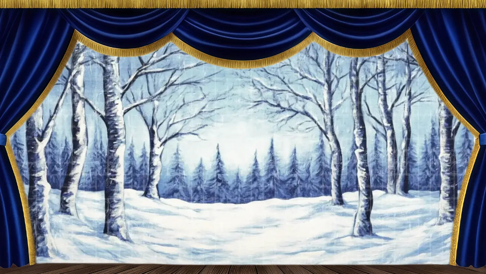 Snowy forest backdrop featuring a path surrounded by tall, bare winter trees and blue pine forest in the background for Frozen travel and outdoor scenes.