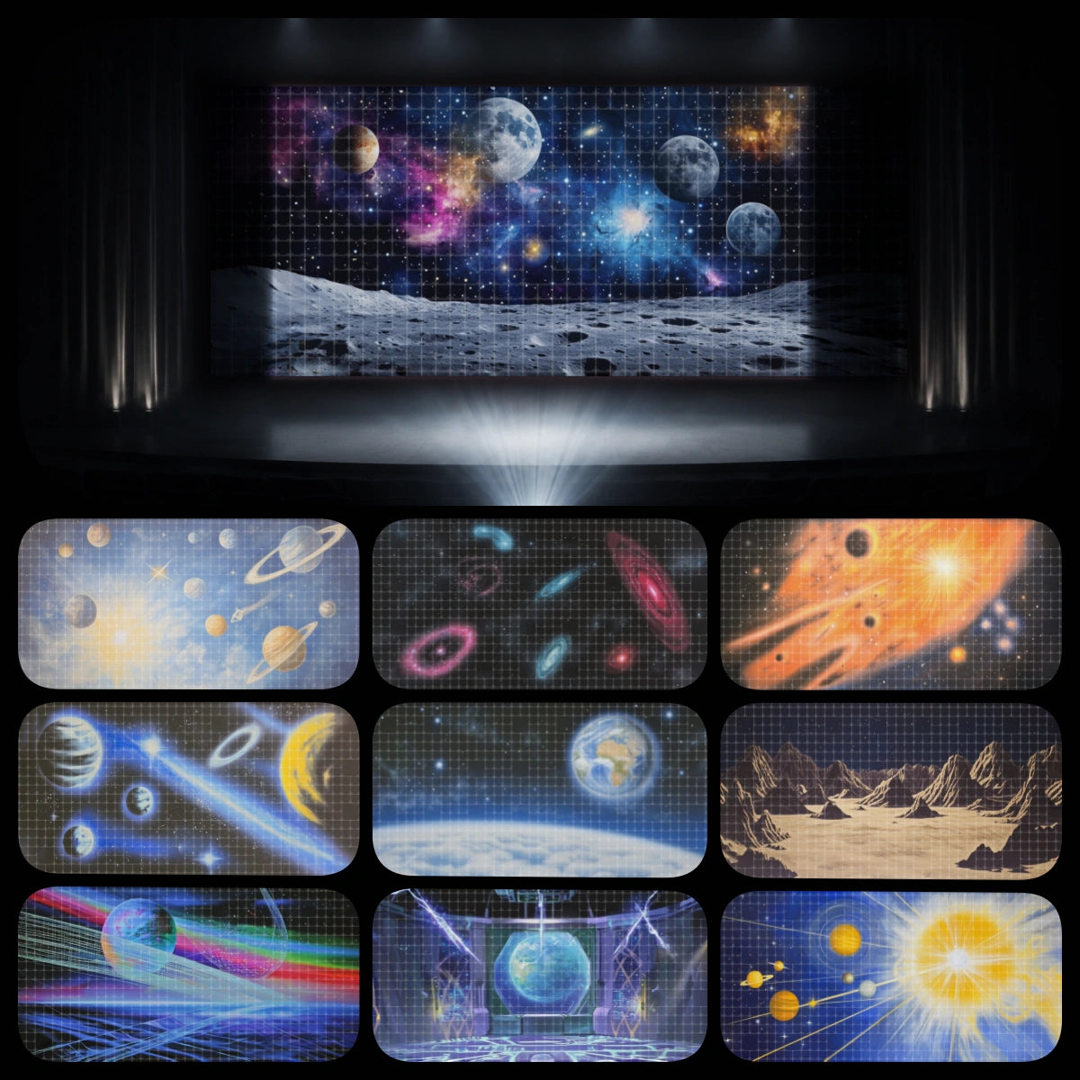 Galaxy space digital backdrop bundle featuring projected moon landing scenery, solar system planets, cosmic galaxies, Earth orbit, lunar landscapes, futuristic stage visuals, and outer space backgrounds for instant download stage projection, VBS space themes, STEM programs, school science performances, children’s theatre, LED screens, and church kids ministry events.