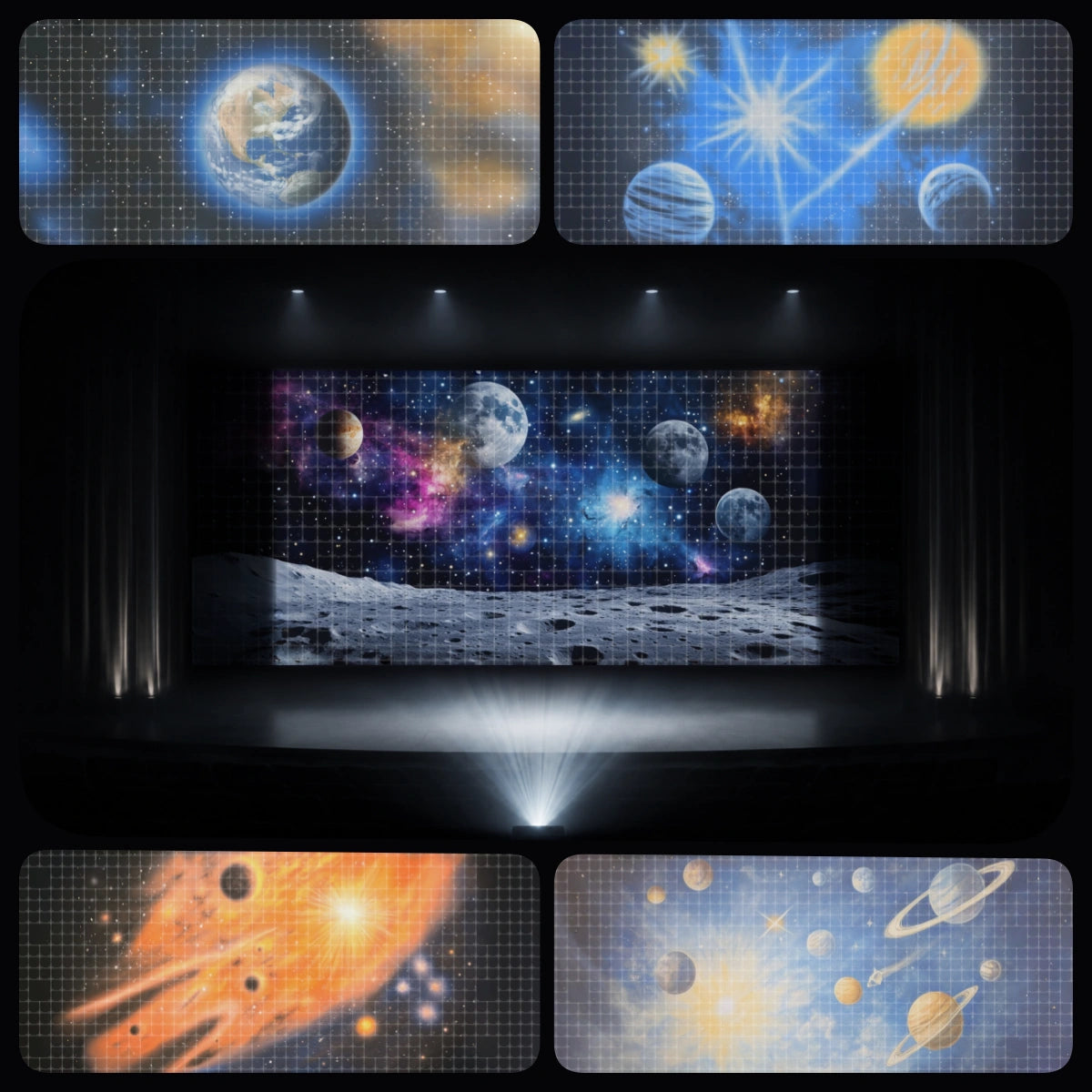 Galaxy voyage digital backdrop bundle featuring Earth from space, planetary illustrations, moon landing scenery, solar flare background, and galaxy surface projection visuals for instant download stage projection, school science performances, STEM events, VBS space adventures, church kids ministry, and digital theatre scenery.