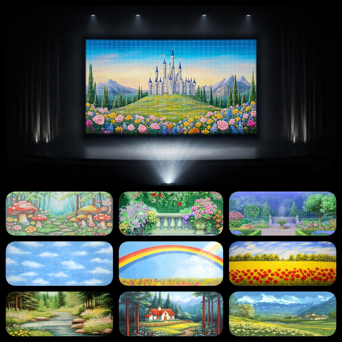 Garden dance recital bundle featuring a fairytale castle, mushroom forest, flower garden, rainbow meadow, forest stream, cottage path, and spring mountain scenery for ballet, lyrical dance, princess recitals, and school stage projection.