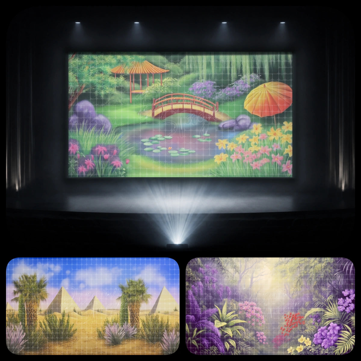 Garden pavilion dance recital bundle with a floral pond bridge, desert garden path, and lush tropical flower scene for multicultural dance recitals, garden-themed performances, and stage projection.
