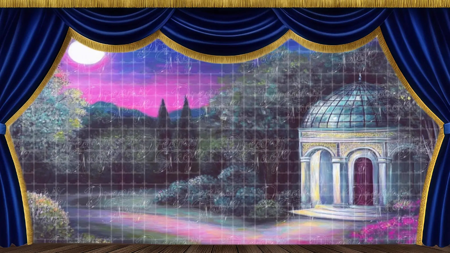 Garden pavilion stage backdrop at night, designed for musical theatre, romantic scenes, and scenic stage transitions.