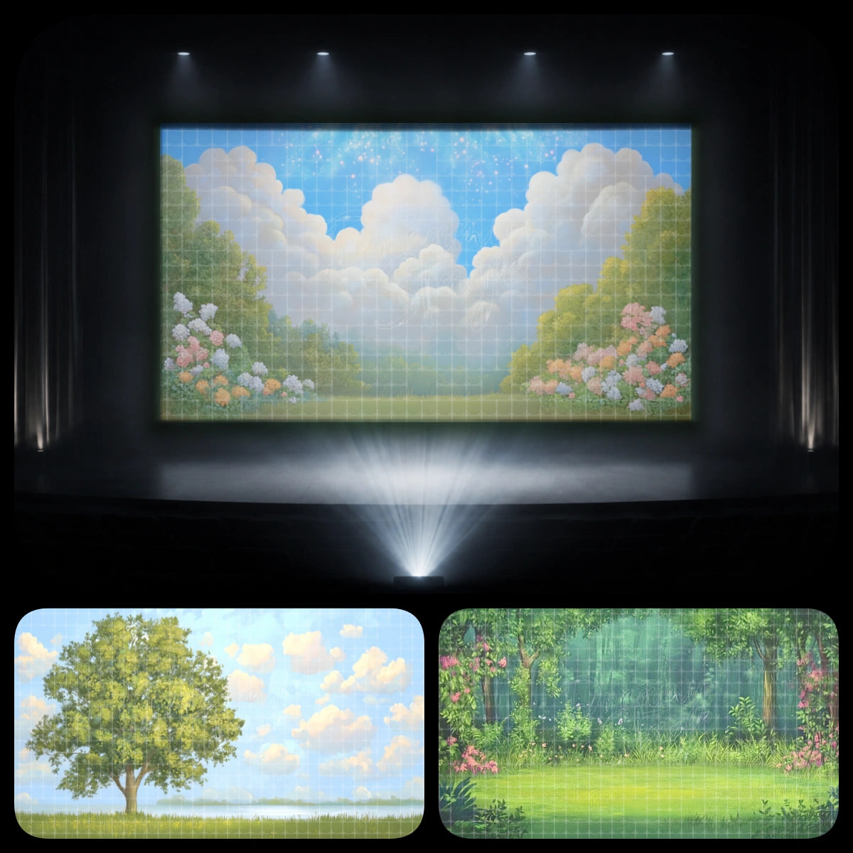 Gentle garden mini dance recital bundle featuring a soft cloud garden, single tree meadow, and green forest clearing for lyrical dance, ballet recital, spring showcase, and peaceful outdoor stage projection.