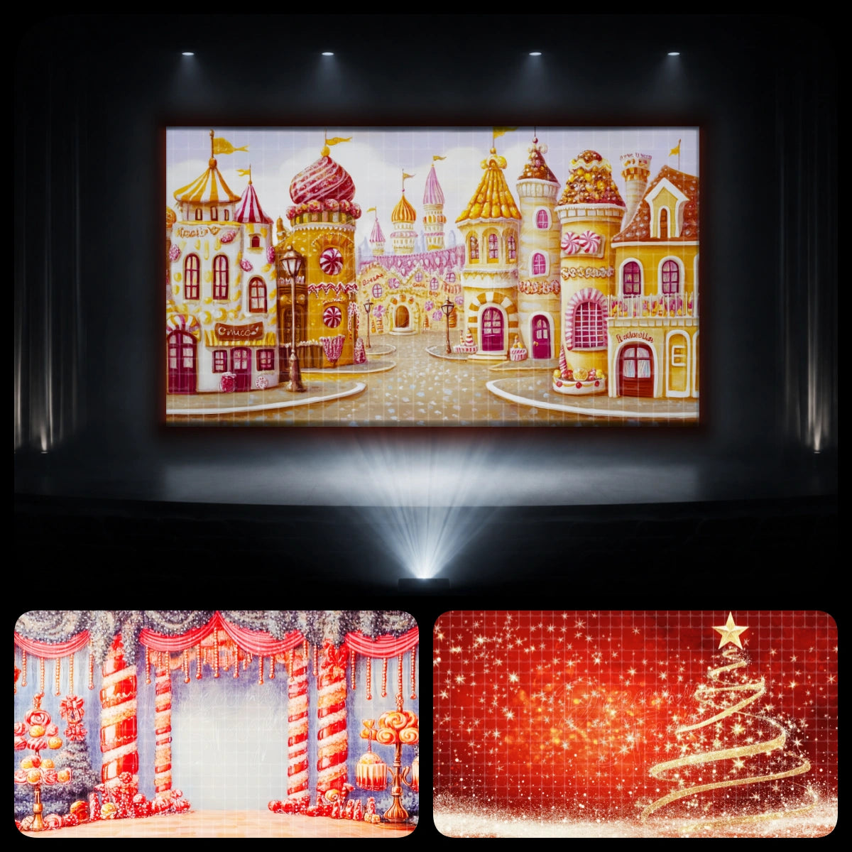 Gingerbread candy town dance recital backdrop bundle featuring sweet shop streets, Christmas candy stages, and red holiday sparkle backgrounds for festive dance productions.
