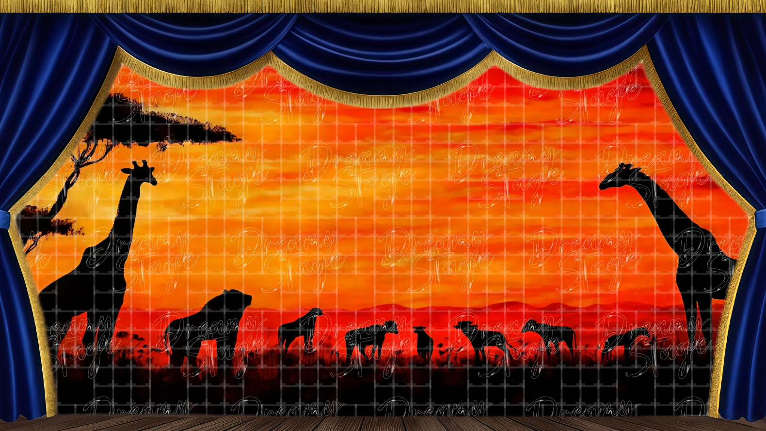 African wildlife silhouette stage backdrop with giraffes and antelope walking across the savannah during a vivid orange sunrise. Ideal for Lion King scenes such as Circle of Life and school theatre productions.