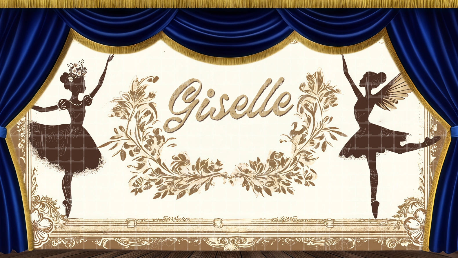 Romantic classical ballet opening backdrop with Giselle title and dancer silhouette