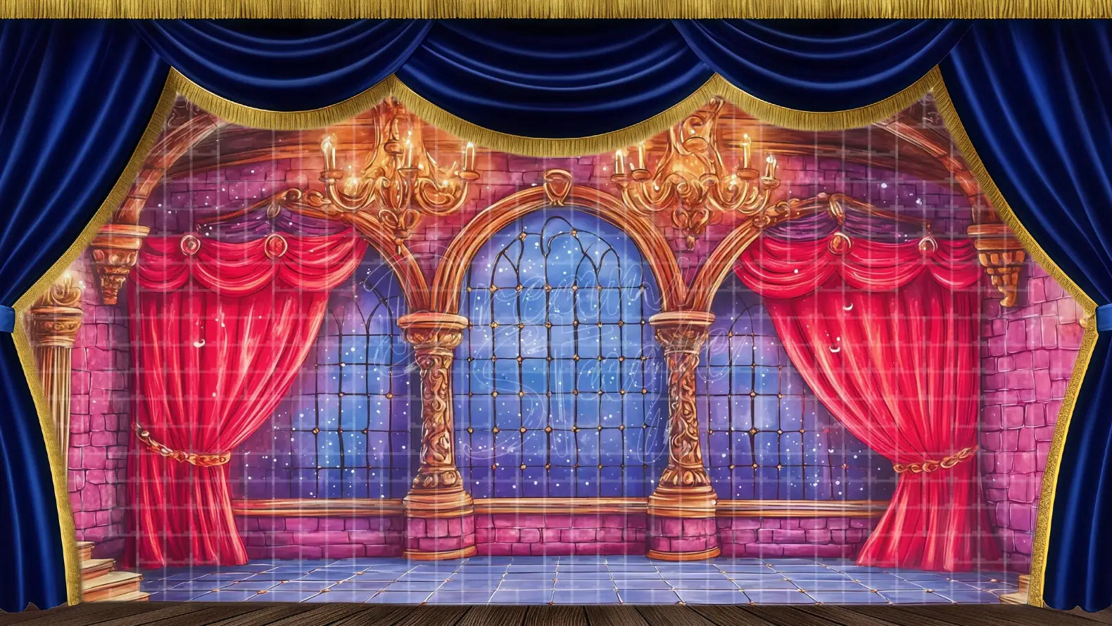 Golden ballroom arches with red curtains and ocean backdrop. Perfect for palace scenes in Little Mermaid musicals.