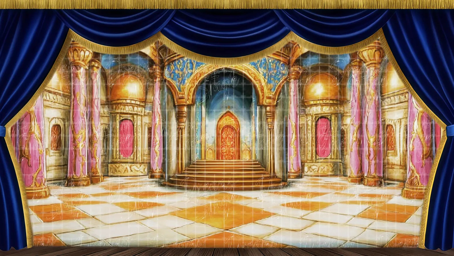 Royal throne room stage backdrop ideal for palace musical scenes.