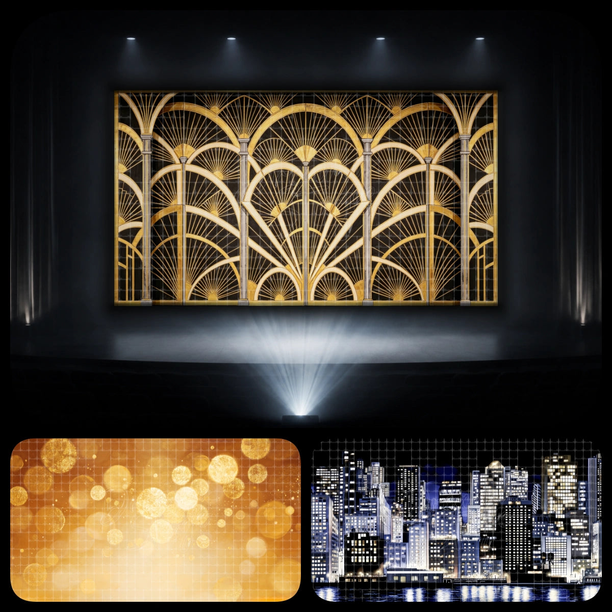 Golden Art Deco dance recital backdrop bundle featuring fan pattern stage scenery, warm gold bokeh lights, and a night city skyline, ideal for elegant jazz routines, tap performances, award-night themes, and recital finales.