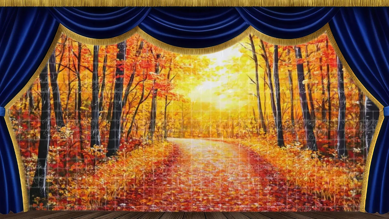 Scenic backdrop of a golden autumn forest path glowing with sunlight and orange foliage, perfect for journey scenes in The Snow Queen fairytale or ballet productions