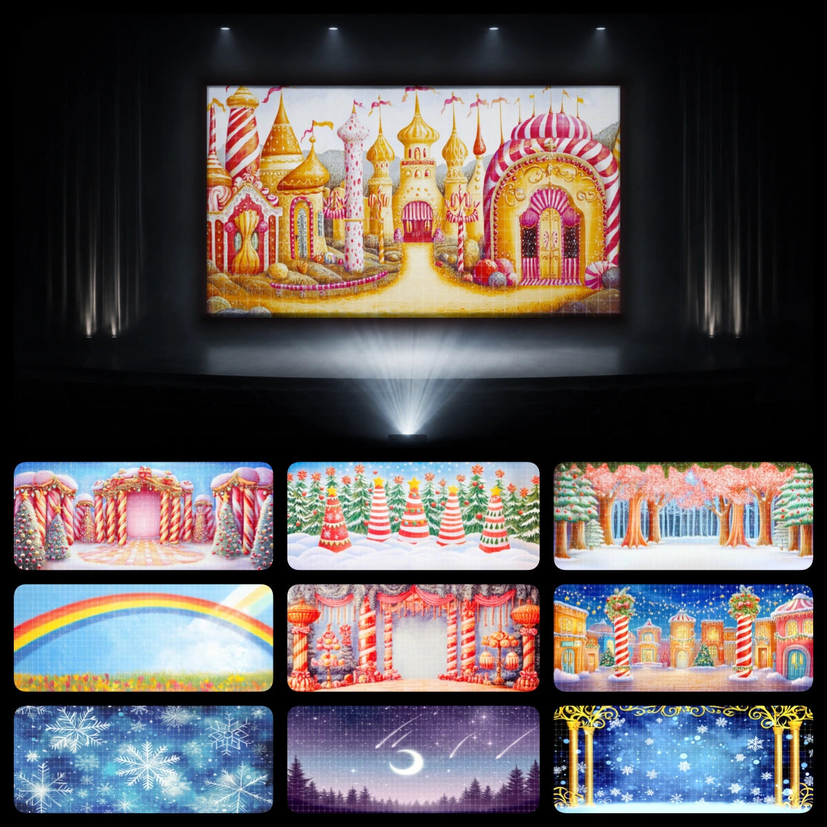 Golden candy village dance recital backdrop bundle with gingerbread town streets, Christmas candy stages, snowflake effects, and festive sweet shop scenery for holiday recitals.