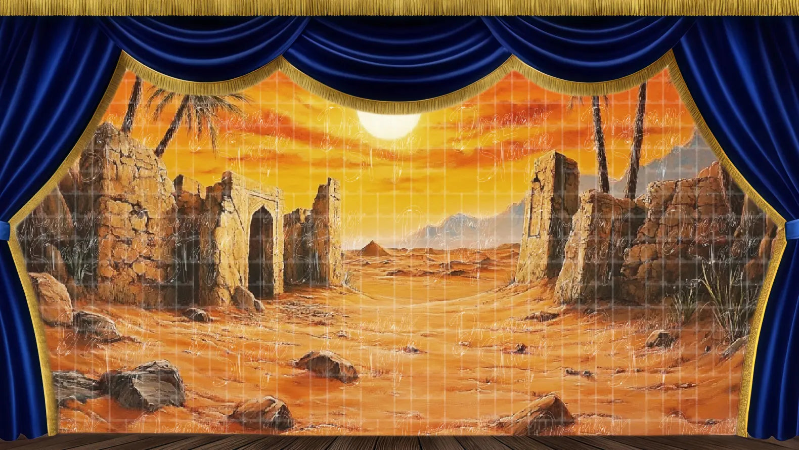 Arabian desert sunset stage backdrop with ancient ruins and warm dramatic lighting for fantasy theatre productions.