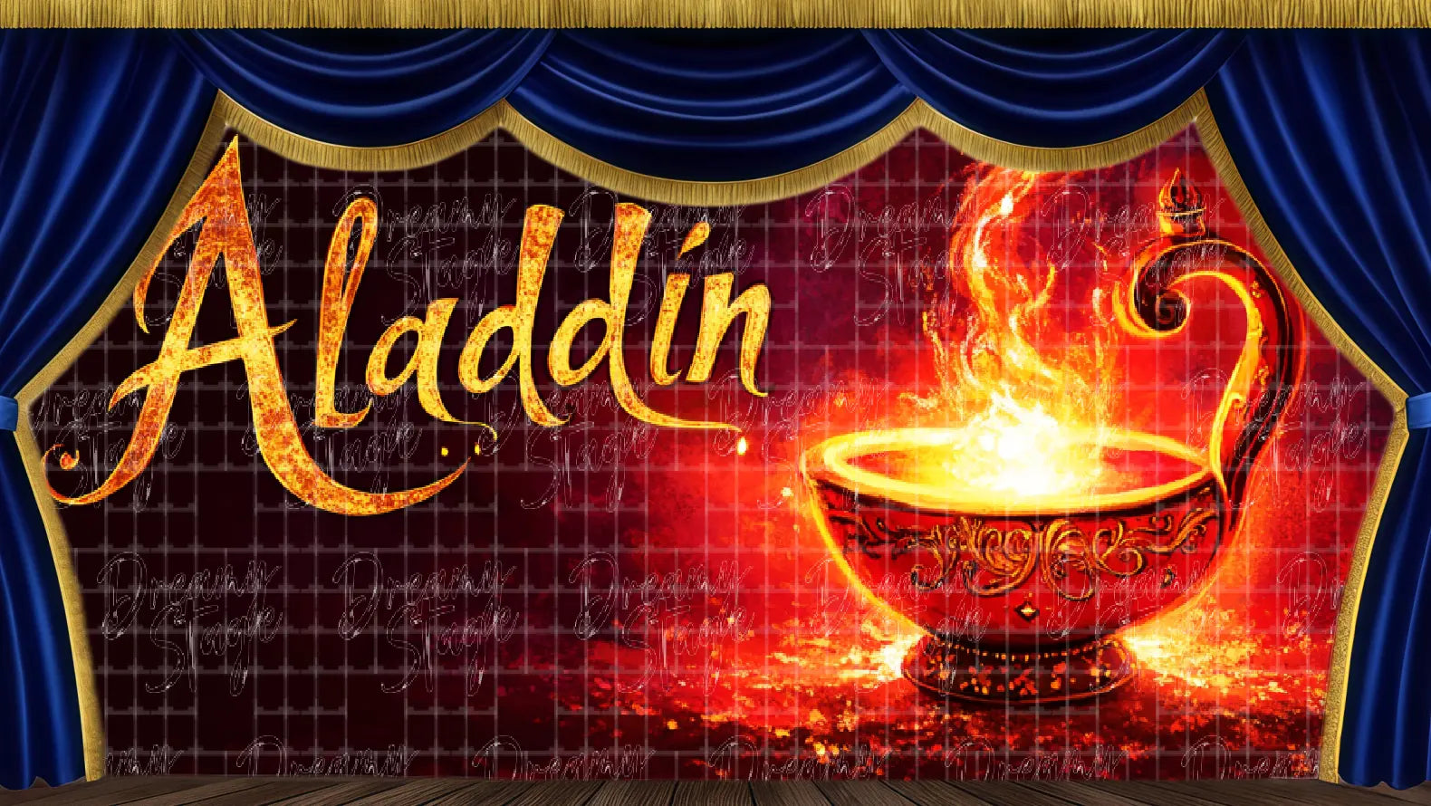 Arabian fantasy stage backdrop featuring glowing magic lamp and desert fire title design. Ideal theatrical backdrop for school musical and youth theatre productions.