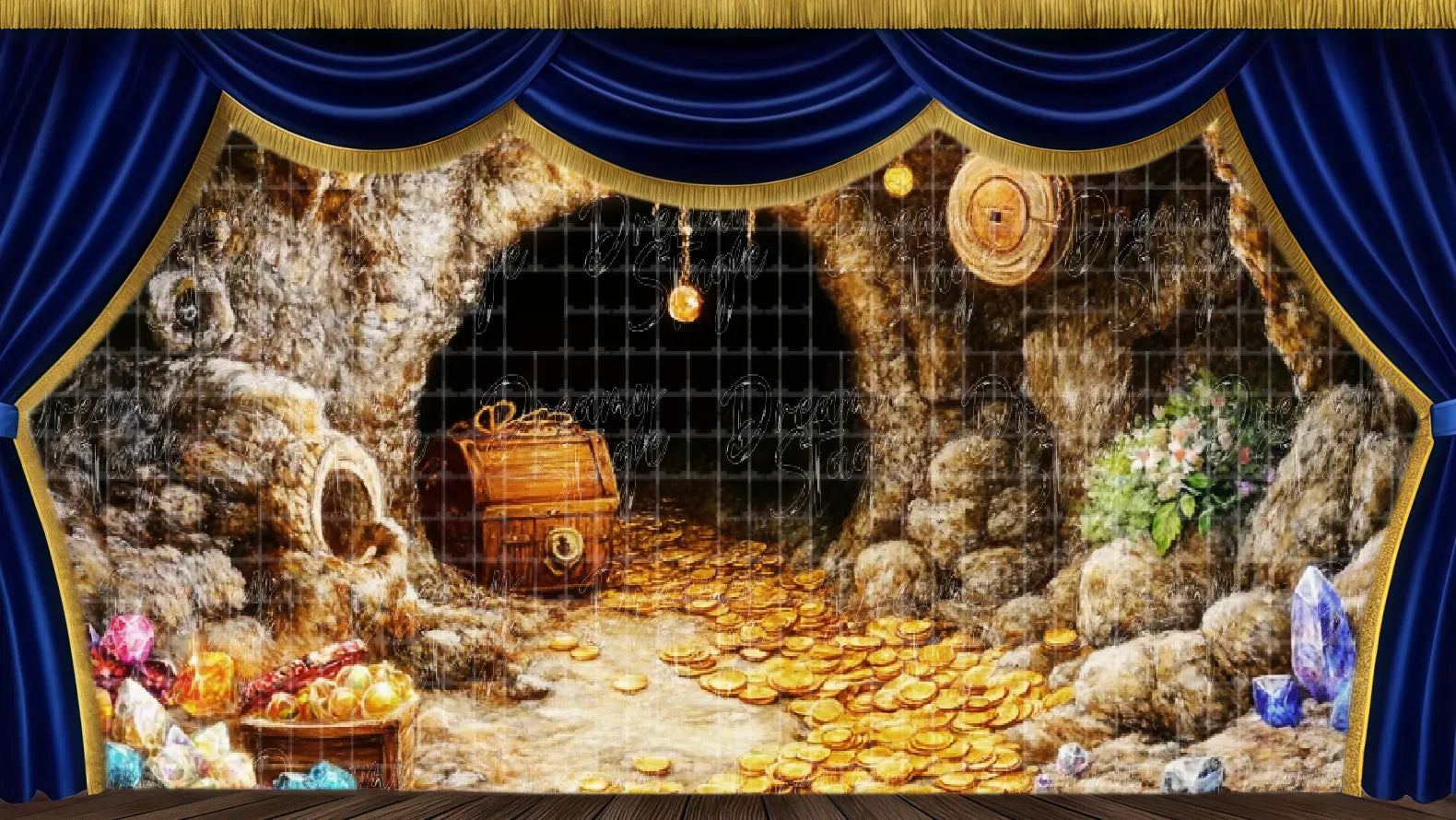 Treasure cave stage backdrop ideal for adventure and fantasy musical scenes.