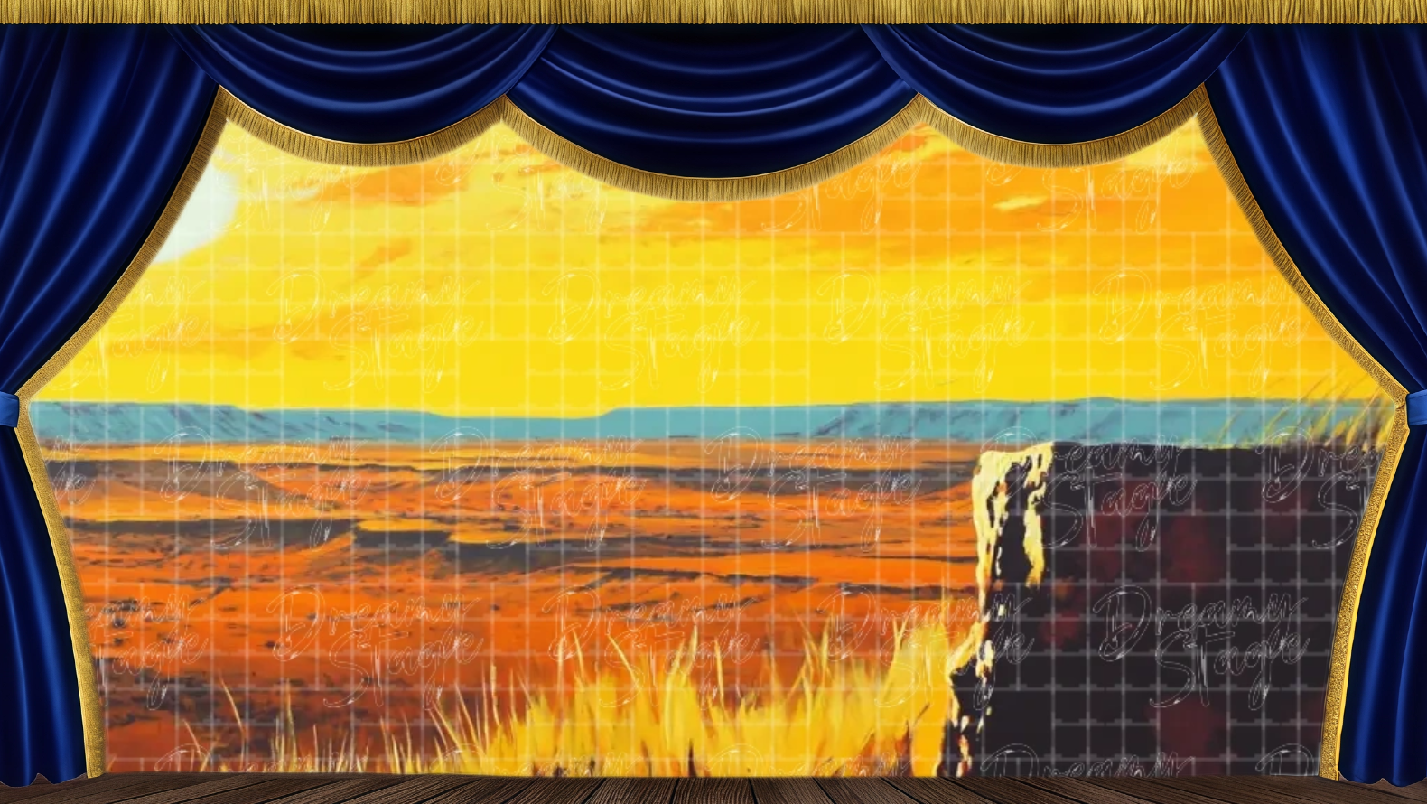 African cliff scenic backdrop inspired by Pride Rock, featuring a golden sunset over sweeping savannah plains. Ideal for finale moments in Lion King productions.