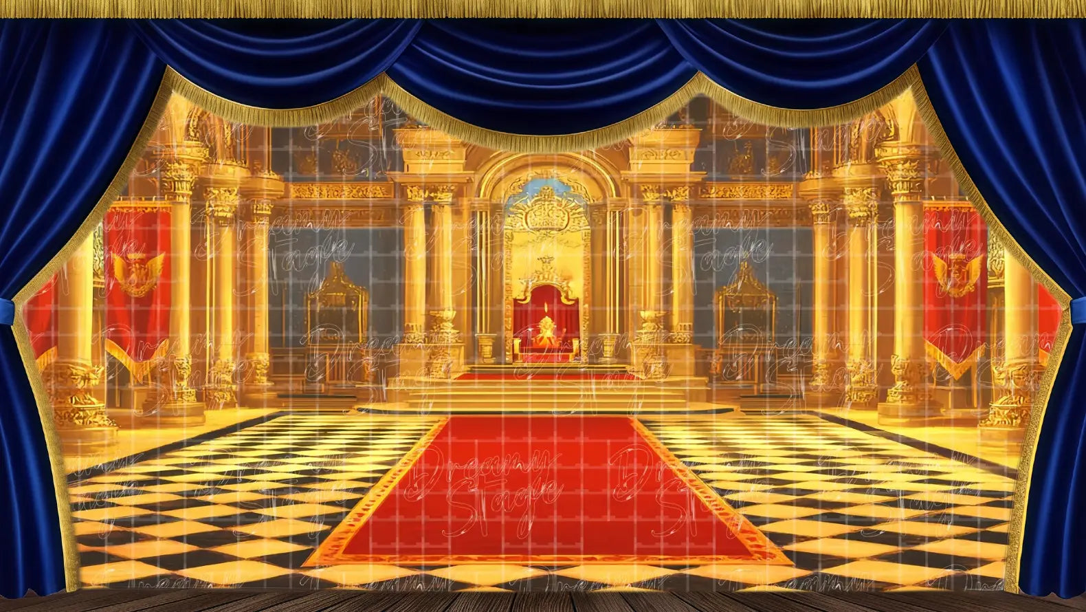 Golden royal throne hall stage backdrop featuring red banners, marble columns, and a regal red carpet. Ideal theatrical backdrops for coronation scenes, palace interiors, and Wonderland-themed school plays. Available in Microfiber, Outdoor Linen, and Theatre-Certified Fabric.