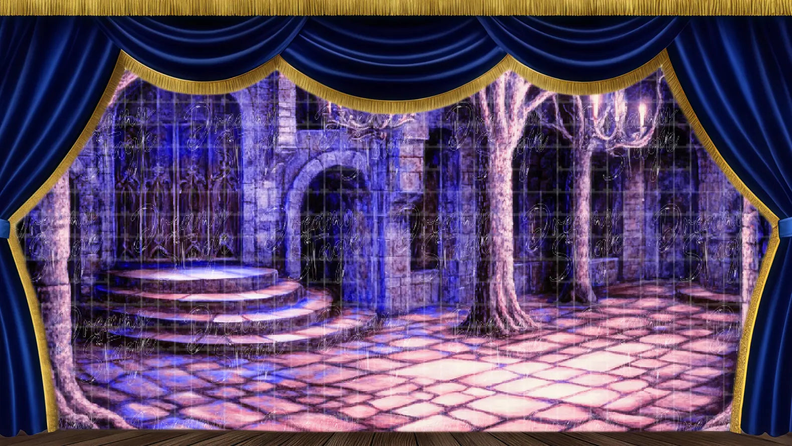 Gothic stone arch courtyard stage backdrop for haunted mansion musical scenes.