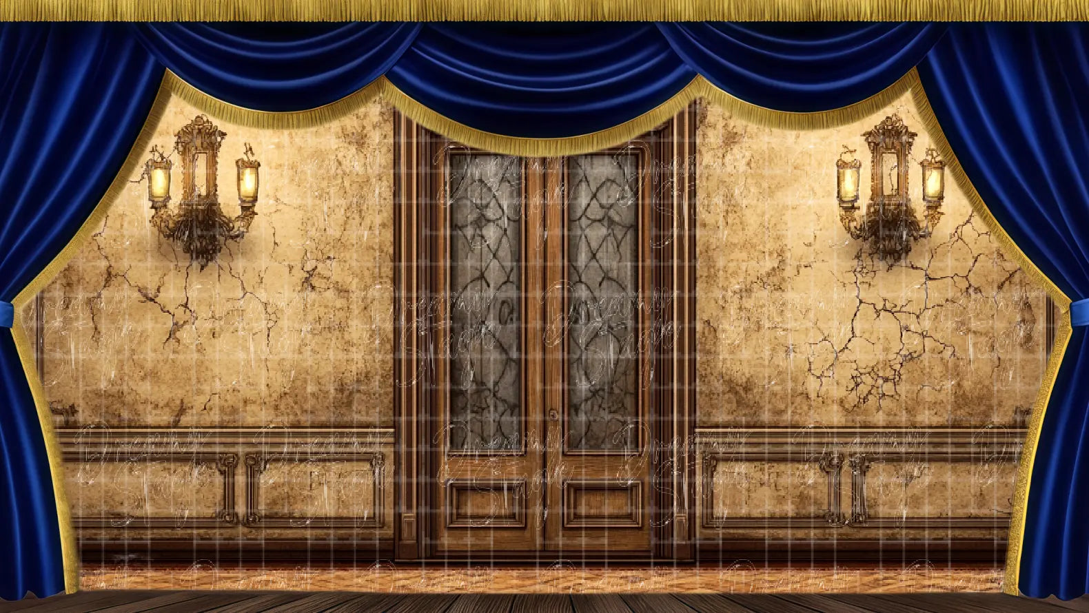 Dark Victorian double door stage backdrop with antique lighting fixtures. Perfect haunted house entrance for theatre productions.
