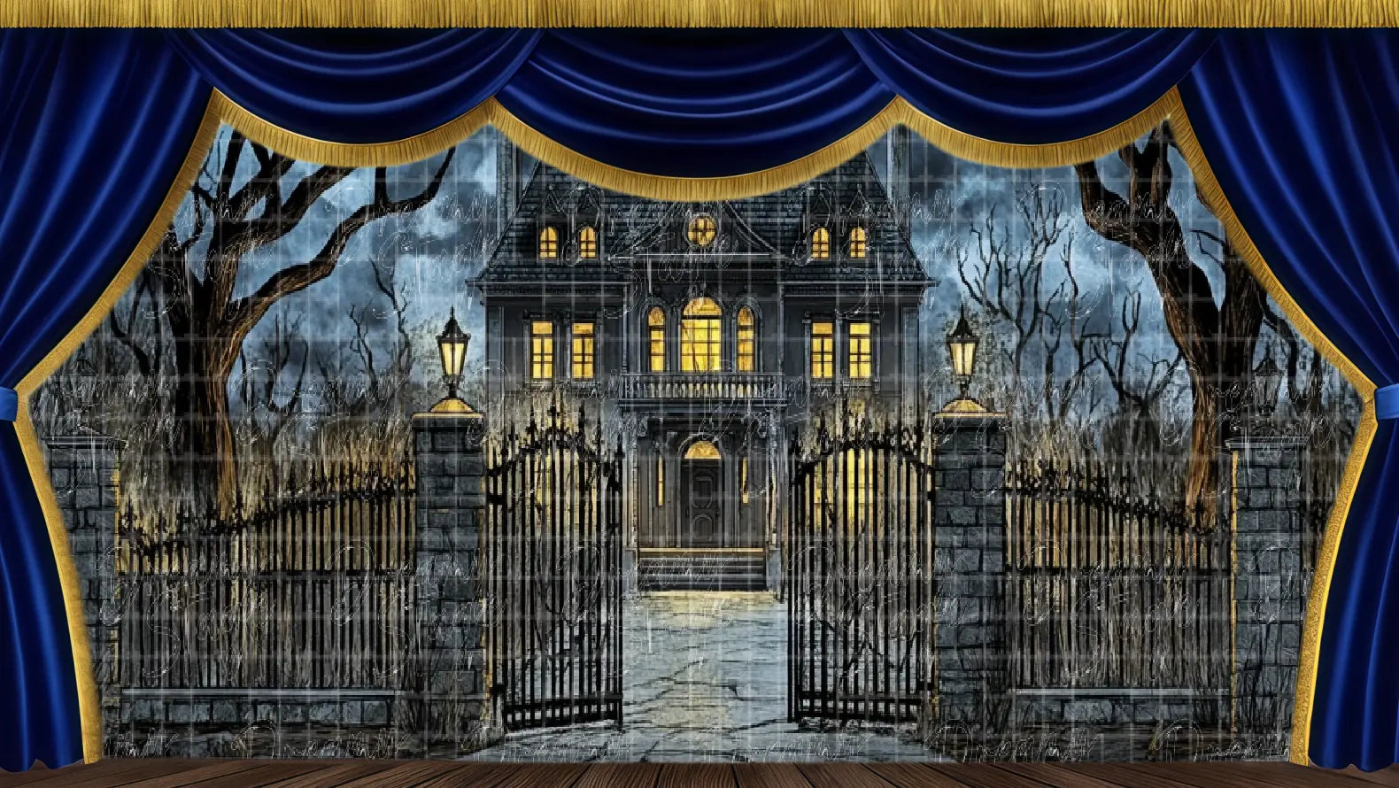 Haunted mansion courtyard stage backdrop with glowing windows and dark trees. Ideal spooky theatre scenery.