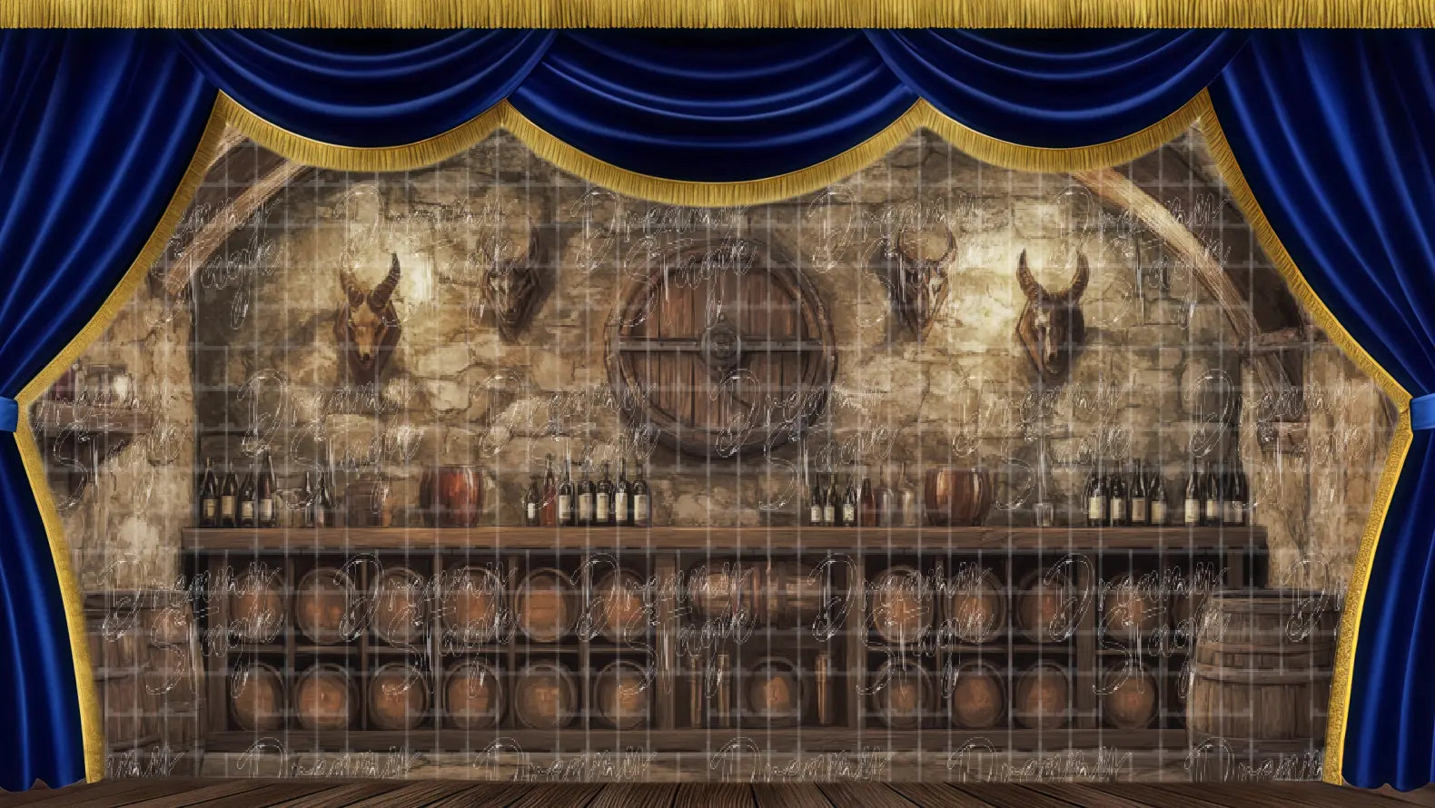 Dark Victorian cellar interior stage backdrop with barrels, stone walls, and gothic atmosphere. Ideal haunted mansion musical scenery for theatre productions.